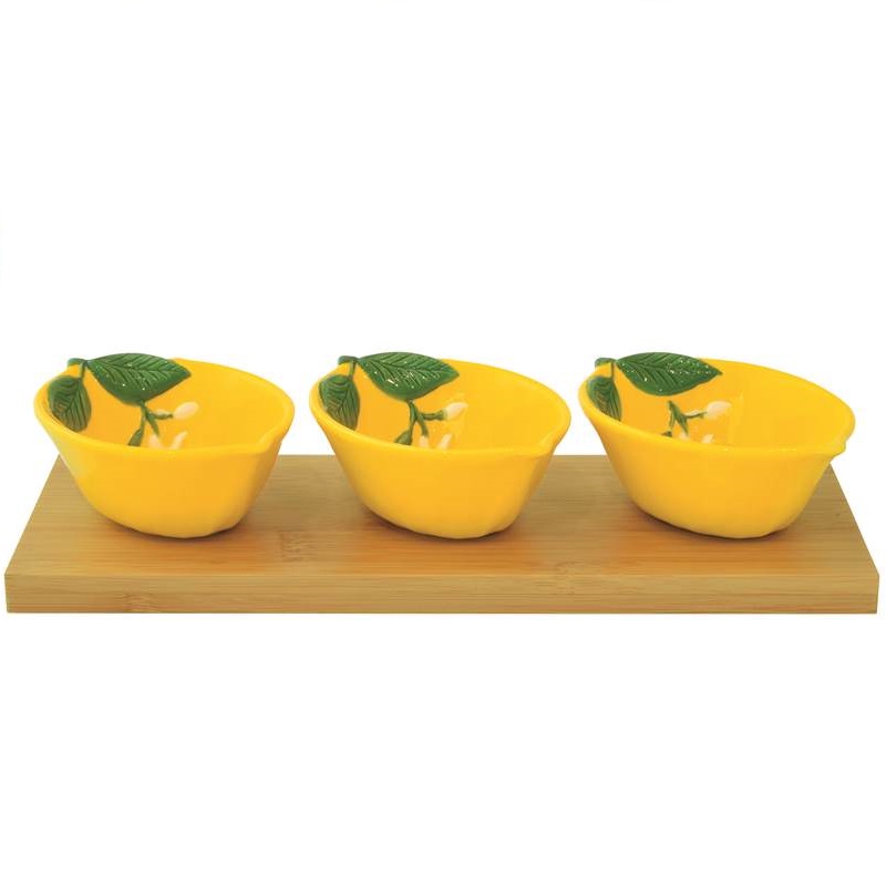 Appetizer set with 3 porcelain bowls on 
bamboo tr