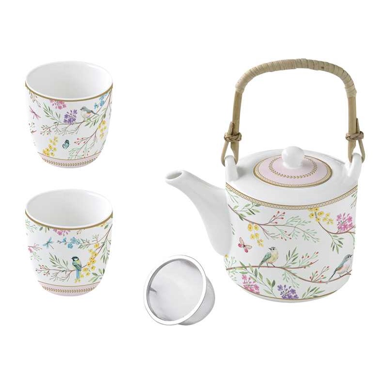 Porcelain teapot with metal infuser and 2 cups in