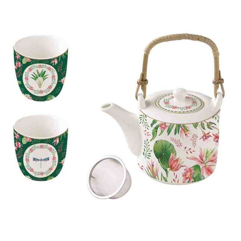 Porcelain teapot with metal infuser and 2 cups in