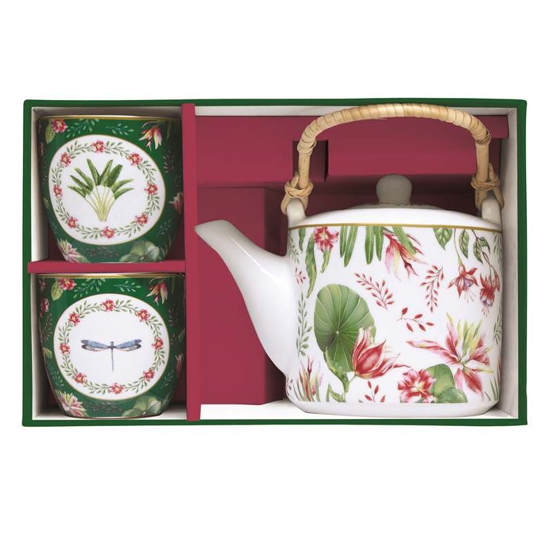 Porcelain teapot with metal infuser and 2 cups in