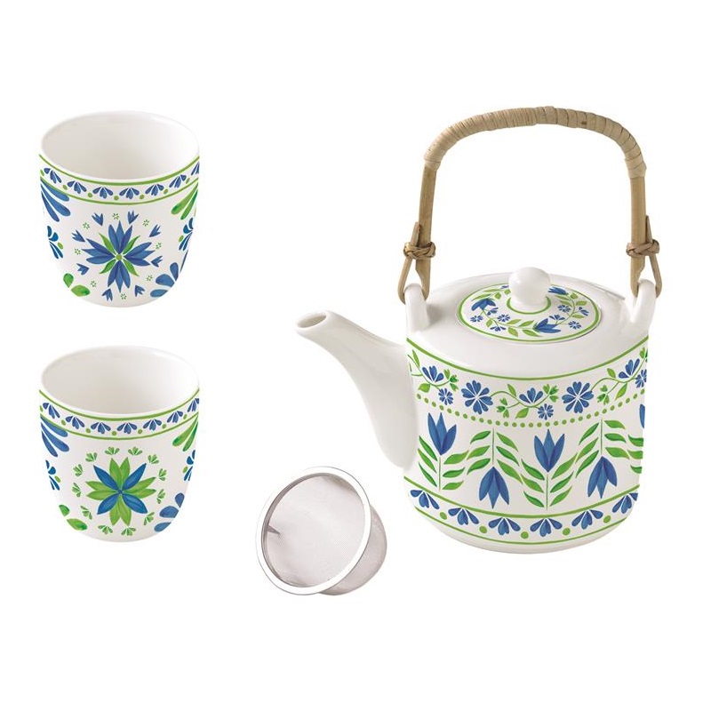 Porcelain teapot with metal infuser and 2 cups in