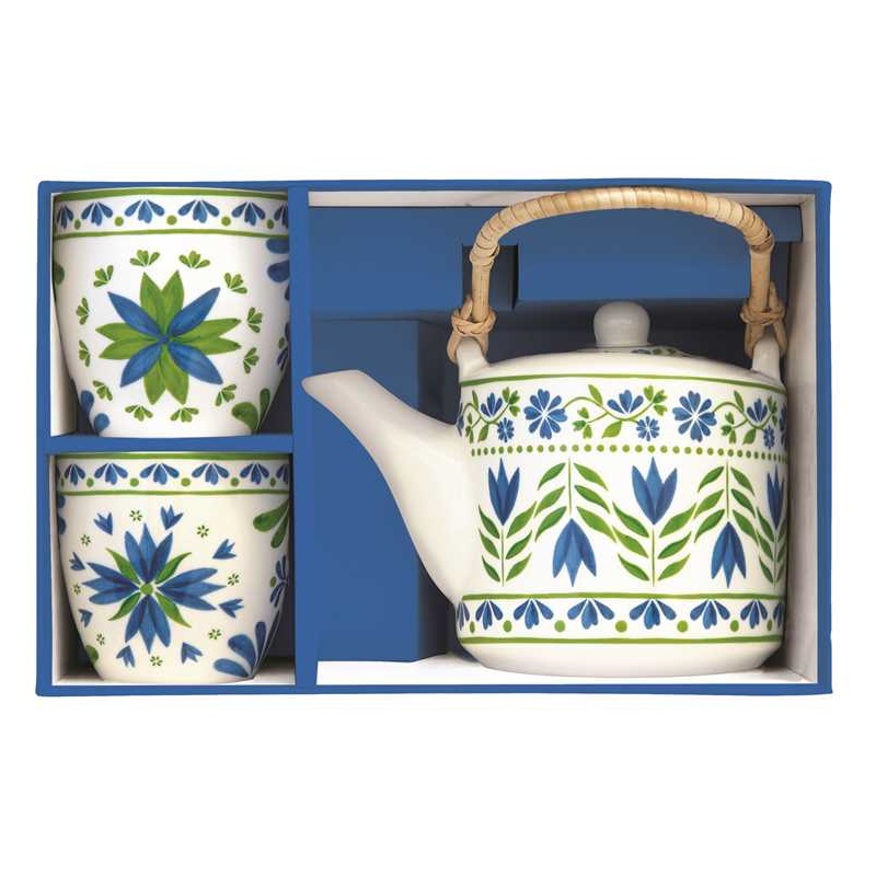 Porcelain teapot with metal infuser and 2 cups in