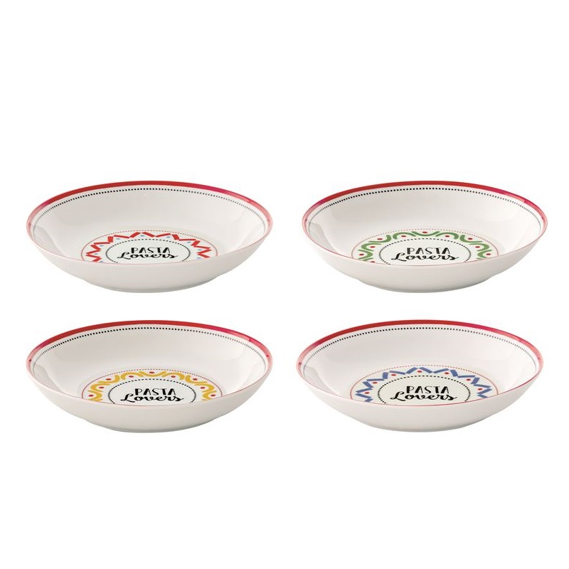 Set 4 assorted porcelain pasta plates in colour bo