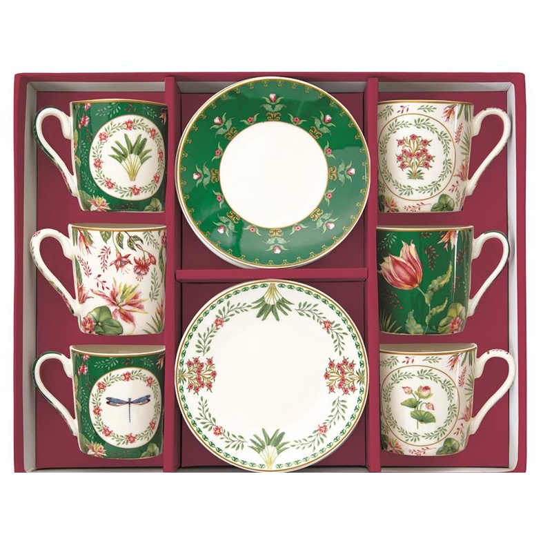 Set 6 porcelain coffee cups & saucers in gift box