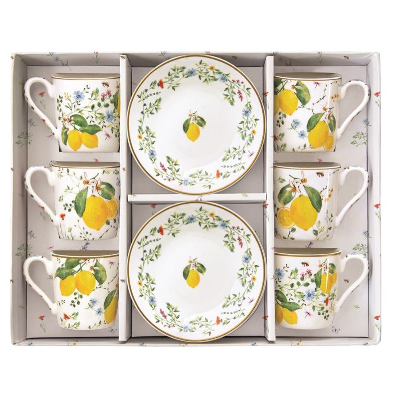 Set 6 porcelain coffee cups & saucers in gift box