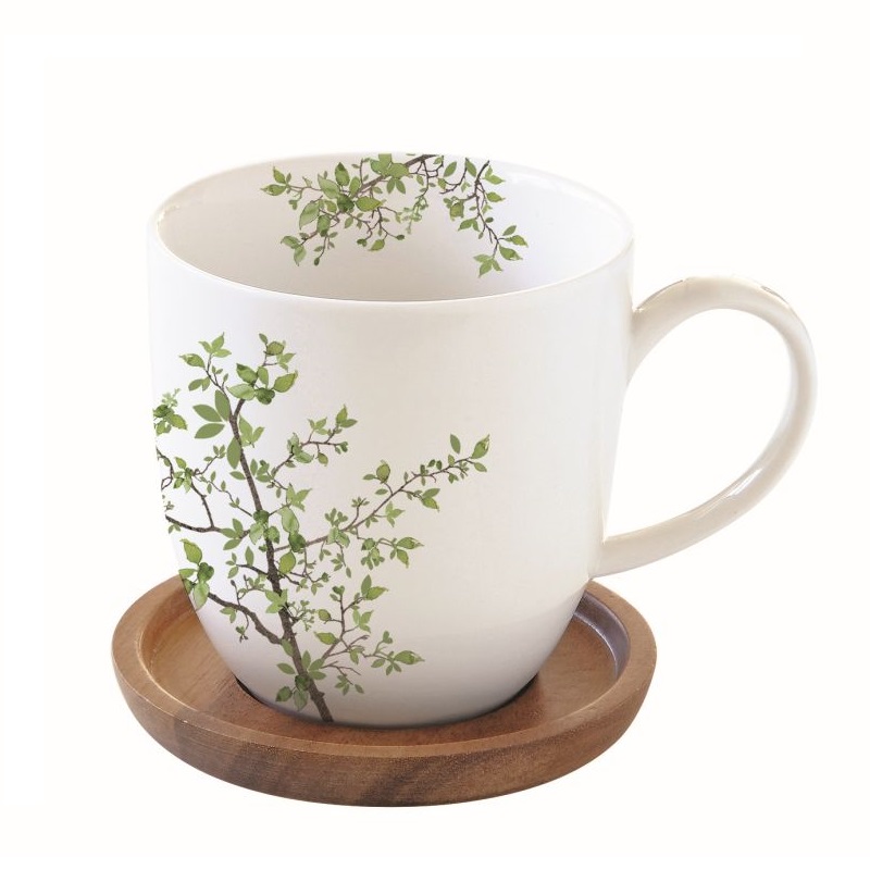 Porcelain mug with acacia lid/coaster in colour bo