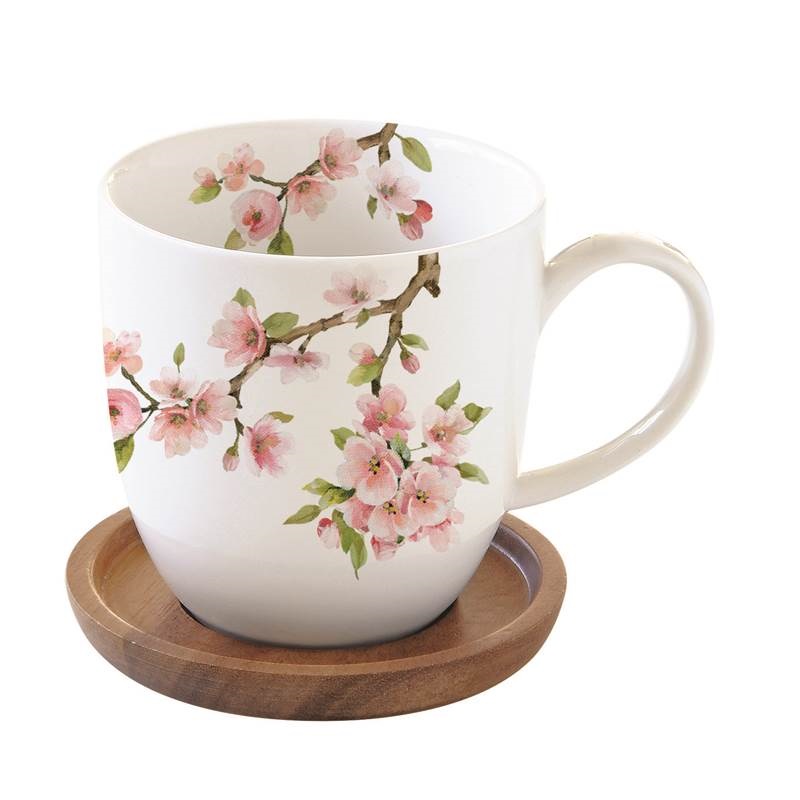 Porcelain mug with acacia lid/coaster in colour bo