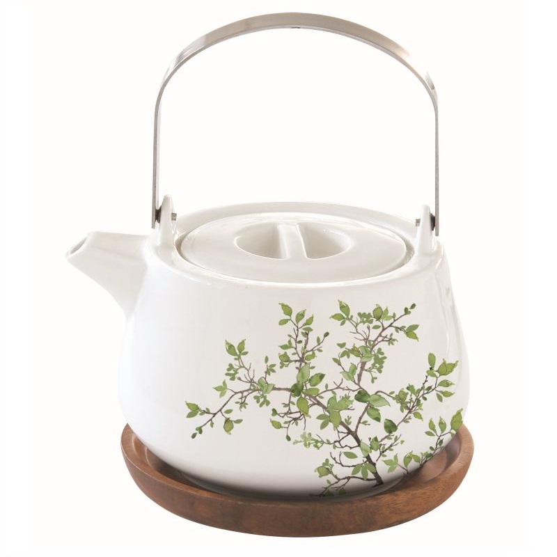 Porcelain teapot with acacia trivet in colour box