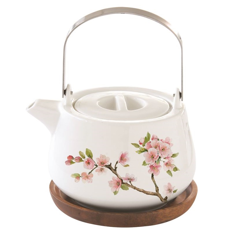 Porcelain teapot with acacia trivet in colour box