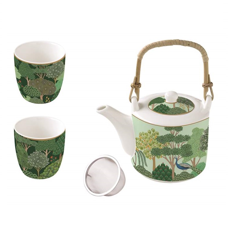 Porcelain teapot with metal infuser and 2 cups in