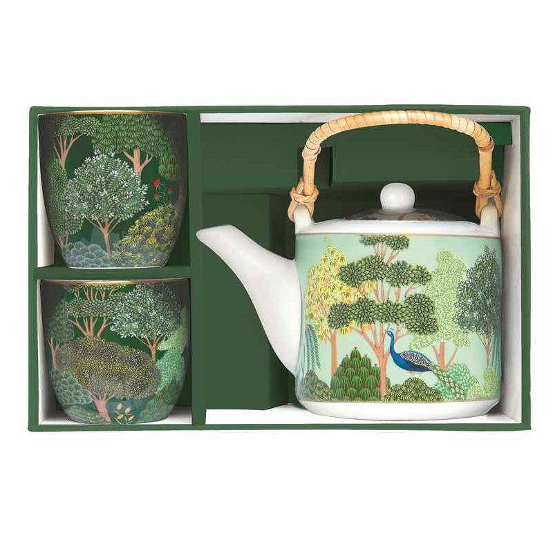 Porcelain teapot with metal infuser and 2 cups in