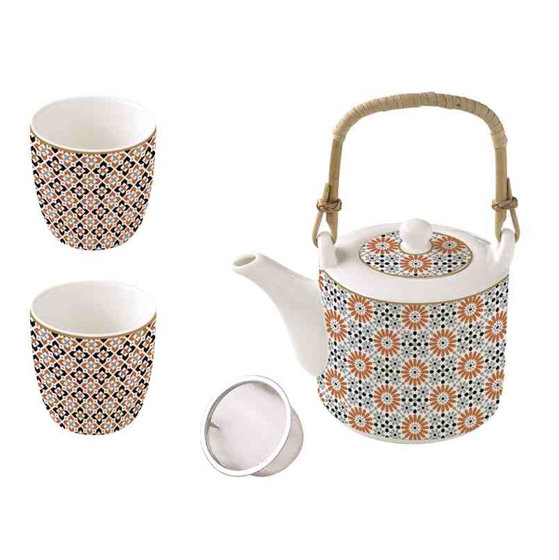 Porcelain teapot with metal infuser and 2 cups in