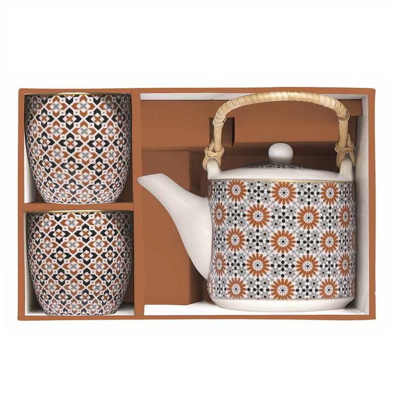Porcelain teapot with metal infuser and 2 cups in