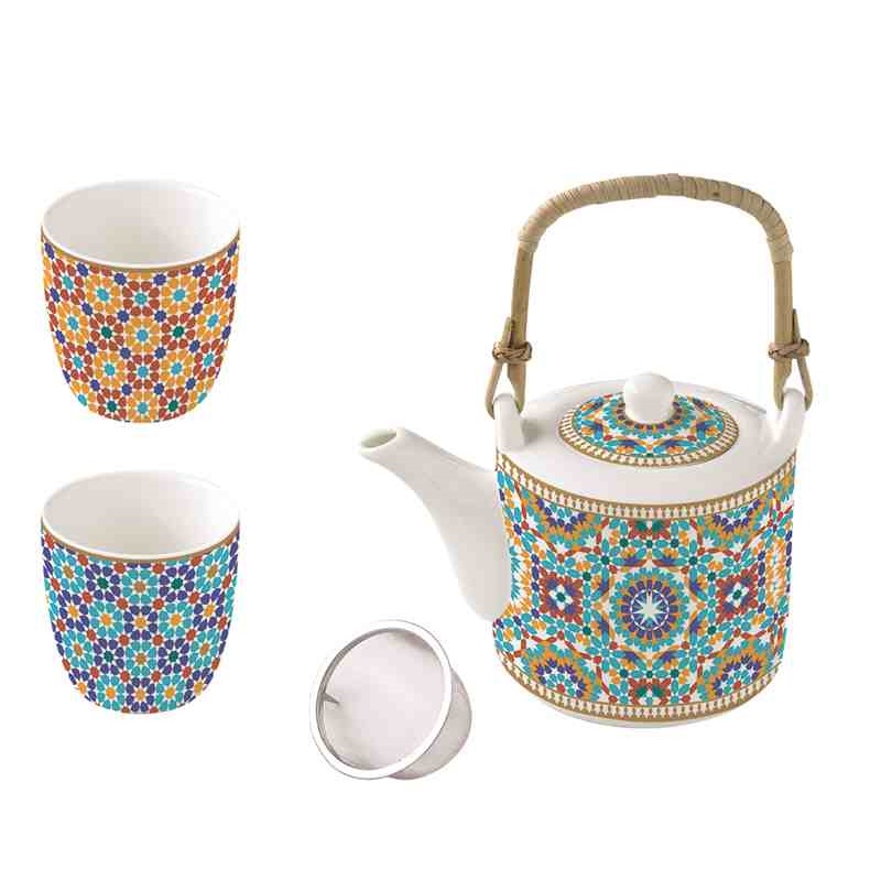 Porcelain teapot with metal infuser and 2 cups in