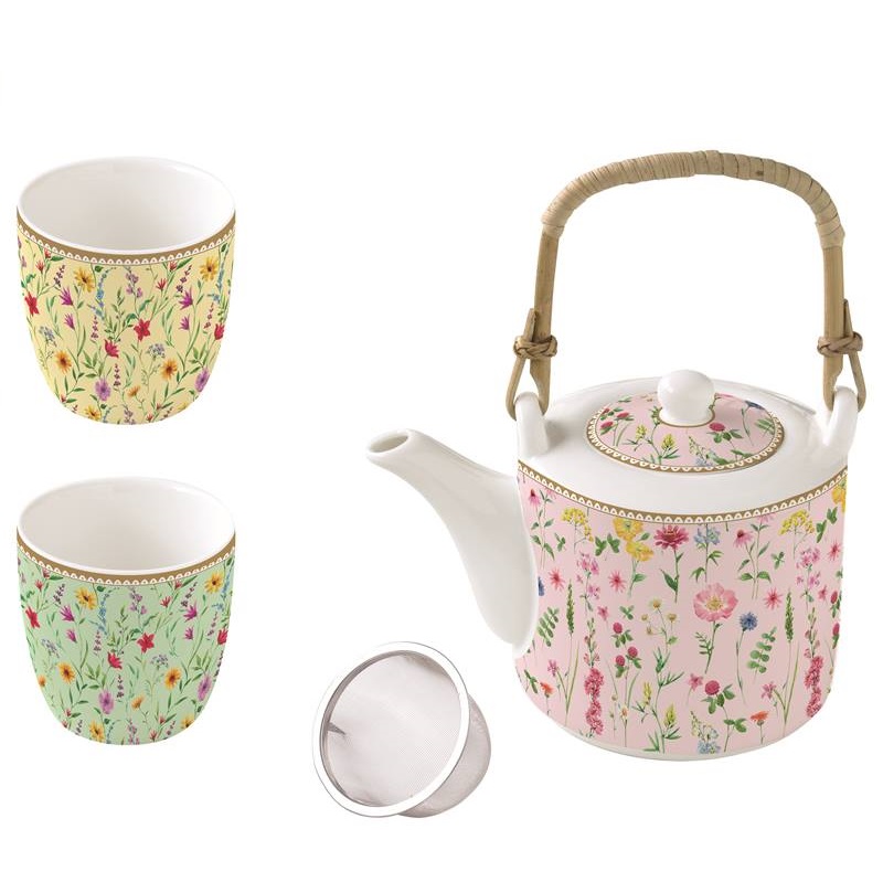 Porcelain teapot with metal infuser and 2 cups in