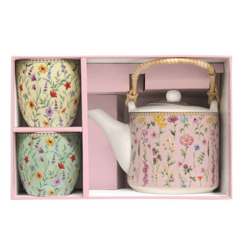 Porcelain teapot with metal infuser and 2 cups in
