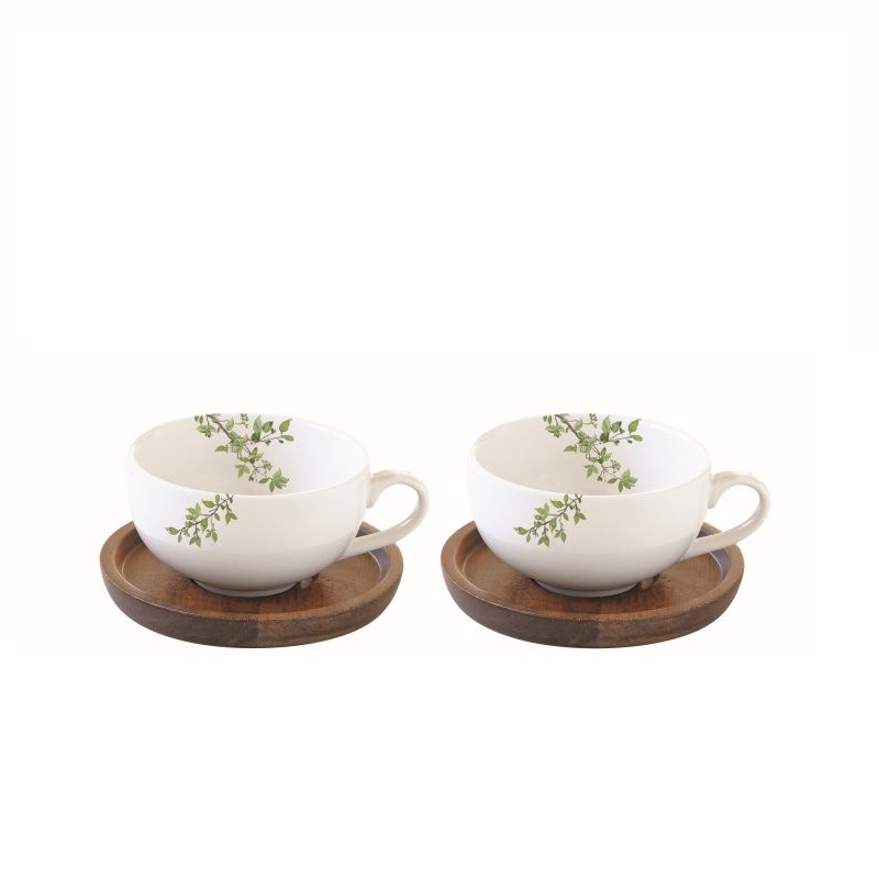Set 2 porcelain coffee cups with acacia saucers in