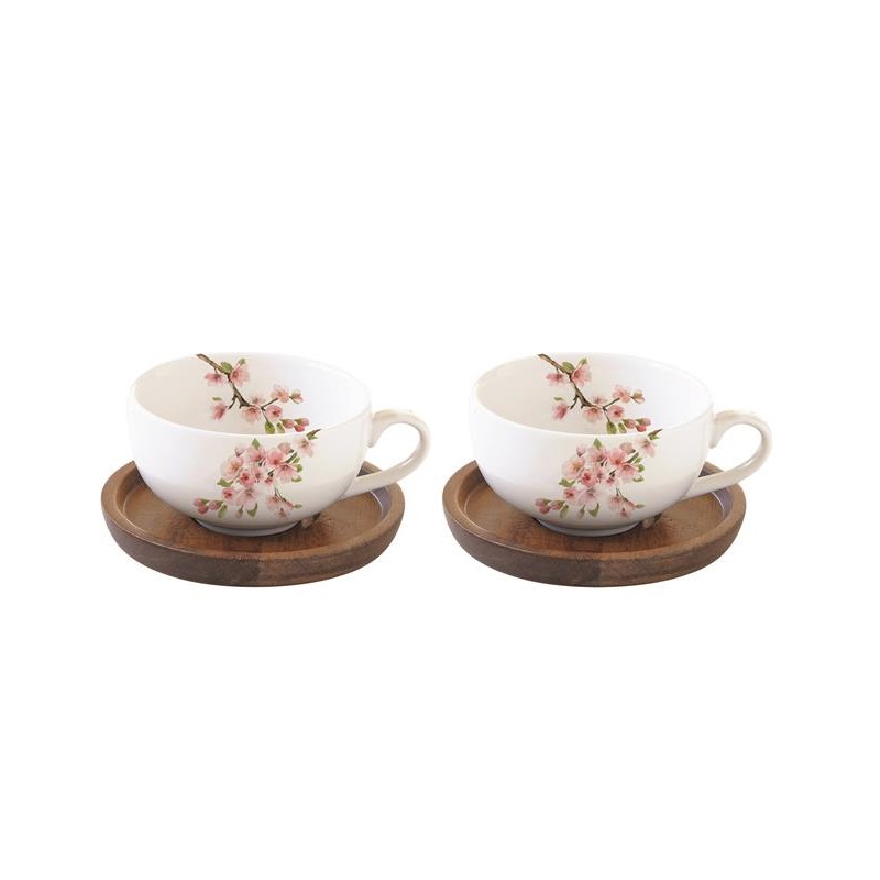 Set 2 porcelain coffee cups with acacia saucers in