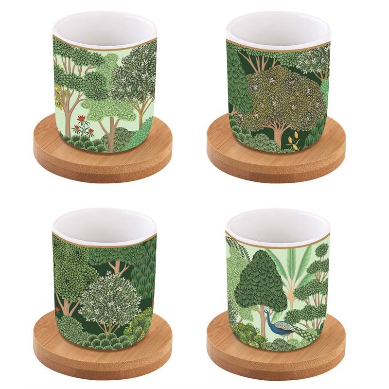 Set 4 porcelain coffee cups with bamboo saucers in