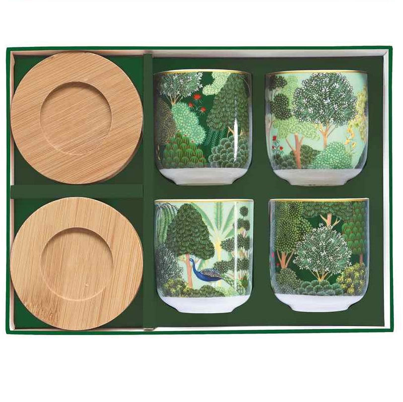 Set 4 porcelain coffee cups with bamboo saucers in