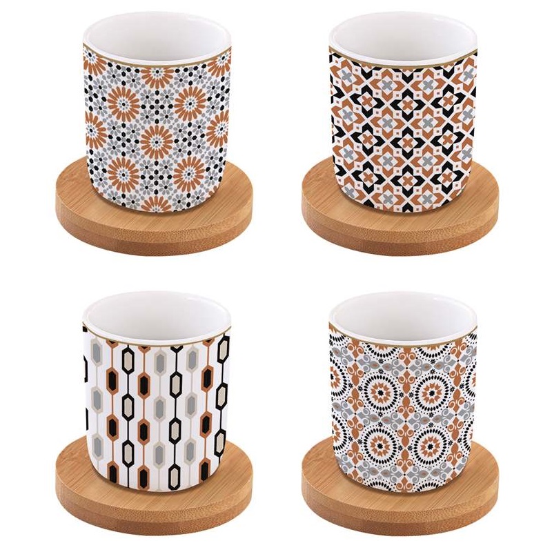 Set 4 porcelain coffee cups with bamboo saucers in