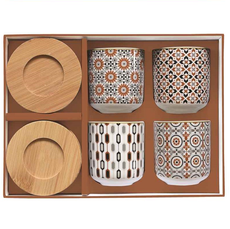 Set 4 porcelain coffee cups with bamboo saucers in