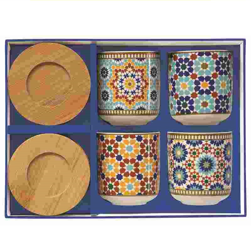 Set 4 porcelain coffee cups with bamboo saucers in