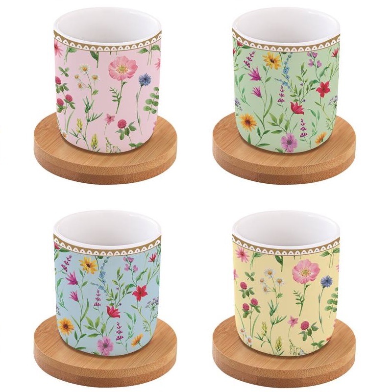 Set 4 porcelain coffee cups with bamboo saucers in