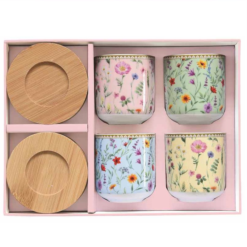 Set 4 porcelain coffee cups with bamboo saucers in