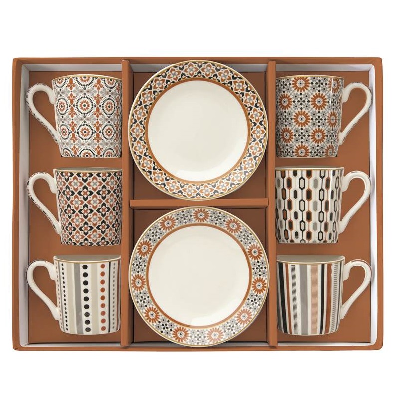Set 6 porcelain coffee cups & saucers in gift box