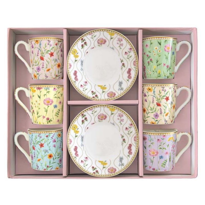Set 6 porcelain coffee cups & saucers in gift box