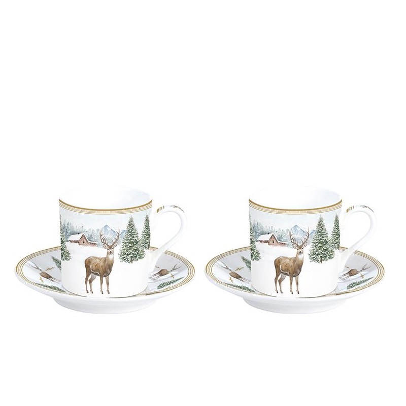 Set 2 porcelain coffee cups & saucers in gift box
