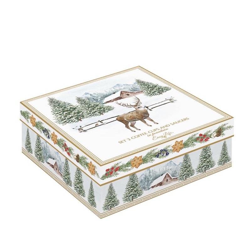 Set 2 porcelain coffee cups & saucers in gift box