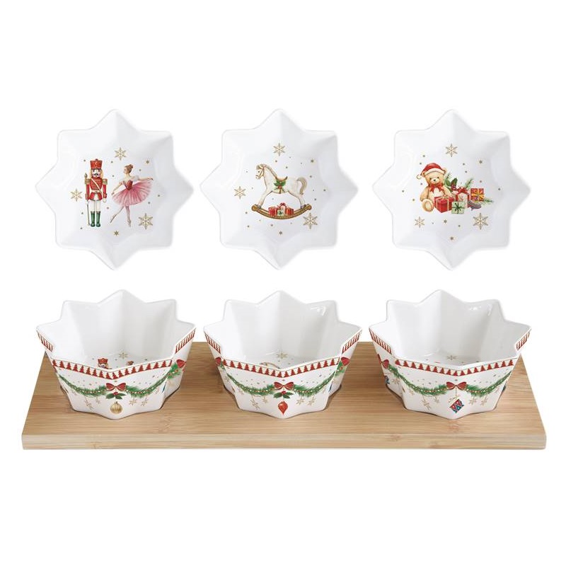 Appetizer set with 3 porcelain bowls on bamboo tra