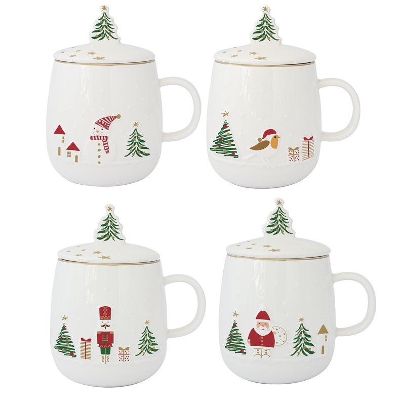 Porcelain mug and lid with embossed design