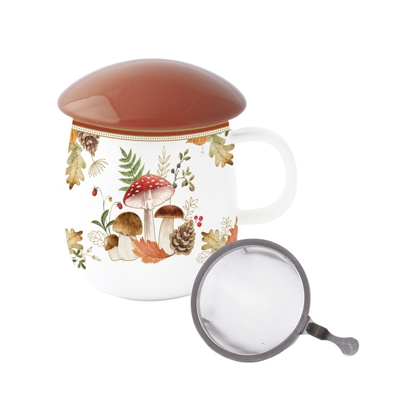Porcelain mug with lid and metal infuser in colou