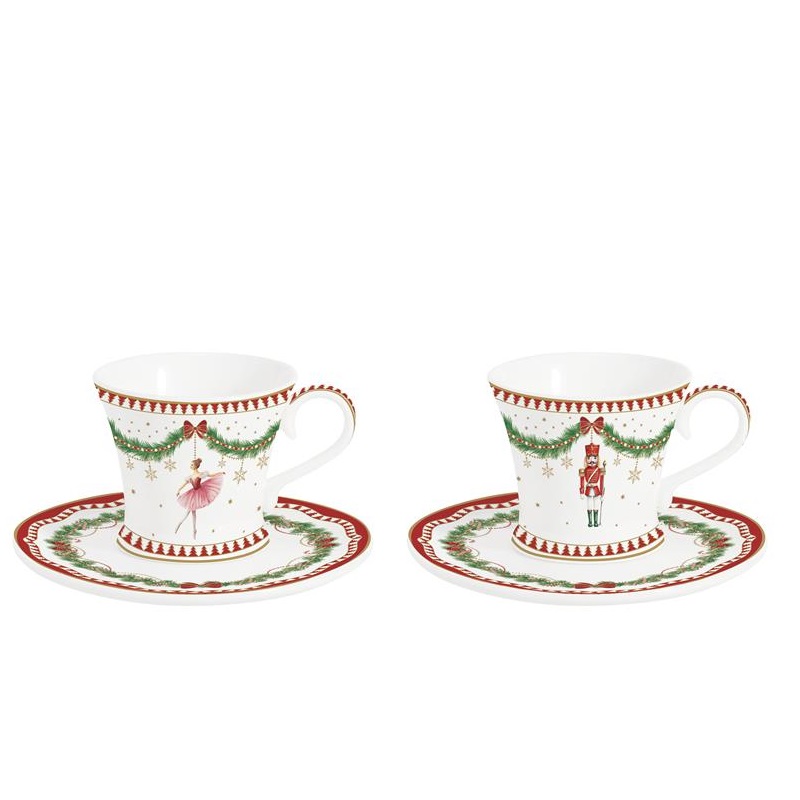 Set 2 assorted porcelain coffee cups & saucers in