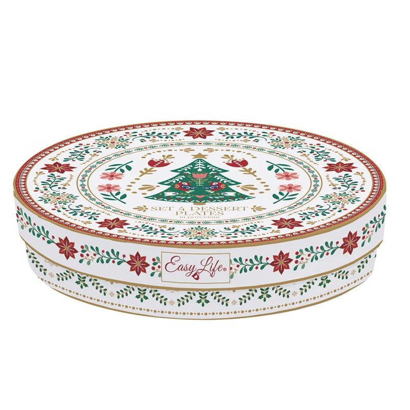 Set 4 assorted porcelain dessert plates in gift b