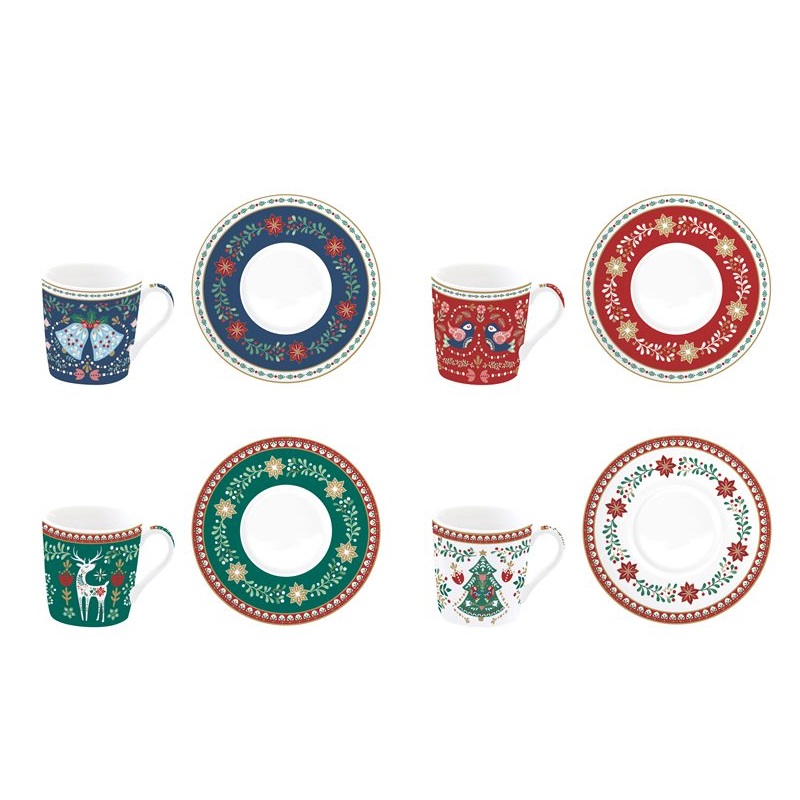 Set 4 porcelain coffee cups & saucers in gift box