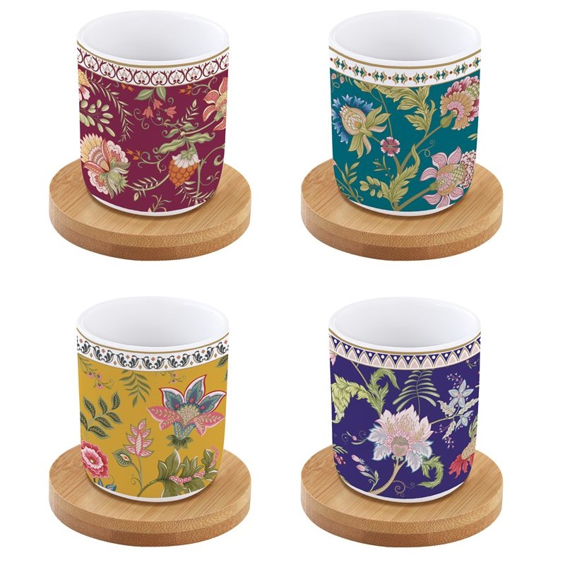 Set 4 porcelain coffee cups with bamboo saucers